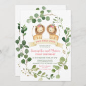 Girl Twins Lion Cubs Geburtstagsgrün Einladung (Vorne/Hinten)