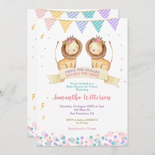 Girl Twins Lion Cubs Kinderdusche Zweimal die Gigg Einladung (Vorne/Hinten)