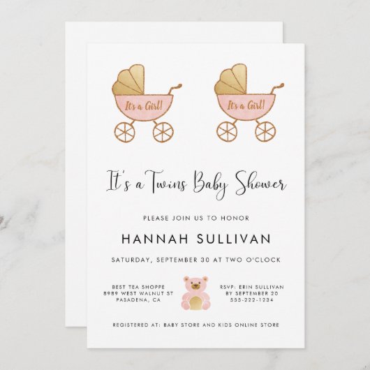 Girl Twins Retro Carriage Wasserfarbe Dusche Einladung (Vorne/Hinten)