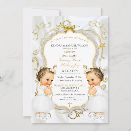 Girl Twins Taufe Christening Gold White Cross Einladung (Vorderseite)