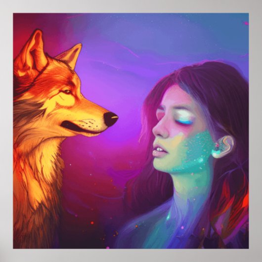Girl und ihr Wolf AI Generierten Fantasy Pop Art Poster (Vorne)