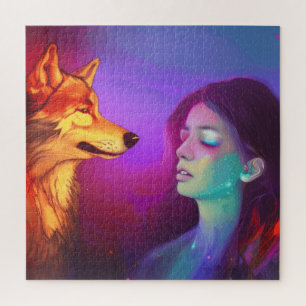 Girl und ihr Wolf AI Generierten Fantasy Pop Art Puzzle