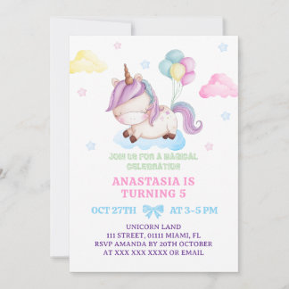Girl Unicorn 5. Geburtstag Rainbow Party Einladung
