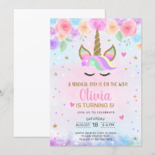 Girl Unicorn Aquarell und Gold Geburtstag einladen Einladung