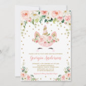 Girl Unicorn Babydusche Blush Pfirsich Gold Floral Einladung (Vorderseite)
