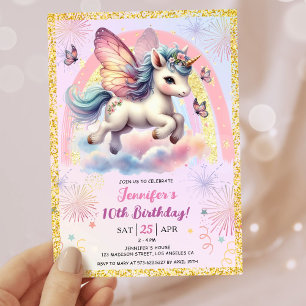 Girl Unicorn Gold Glitzer Pink 10. Geburtstagspart Einladung