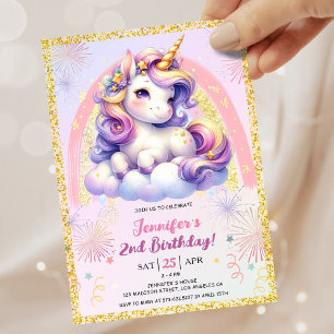 Girl Unicorn Lila Pink & Gold 2. Geburtstag Party Einladung