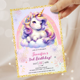Girl Unicorn Lila Pink & Gold 3. Geburtstag Party Einladung