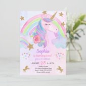 Girl Unicorn Party Birthday Gold Glitzer Pastell Einladung (Stehend Vorderseite)
