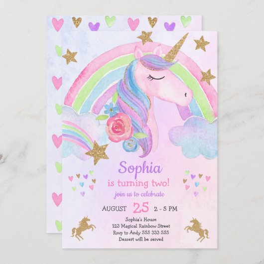 Girl Unicorn Party Birthday Gold Glitzer Pastell Einladung (Vorne/Hinten)