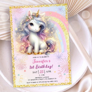 Girl Unicorn Pink Gold Glitzer 1. Geburtstag Party Einladung