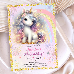 Girl Unicorn Pink Gold Glitzer 5. Geburtstagsparty Einladung