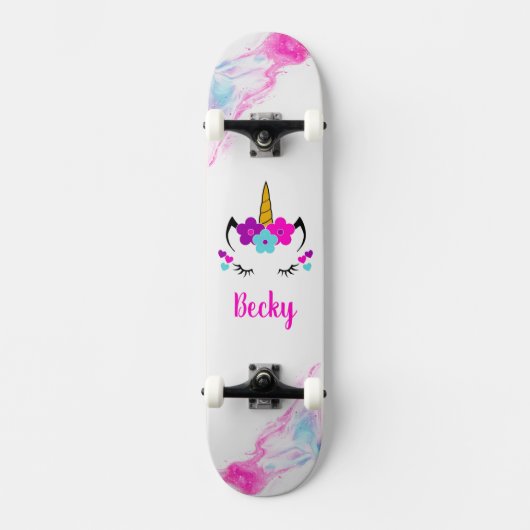 Girl Unicorn Skateboard mit Namen (Vorderseite)