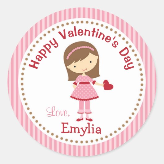Girl Valentine Stickers (Pink) - Kinder Braunes Ha (Vorderseite)