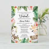 Girl Virtual Baby Dusche | Masked Safari Friends Einladung (Stehend Vorderseite)