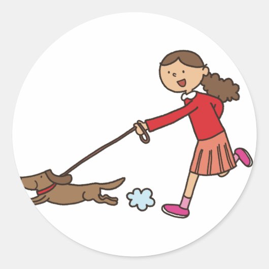 Girl Walking Dog - Dog Walker - niedlicher Cartoon Runder Aufkleber (Vorderseite)