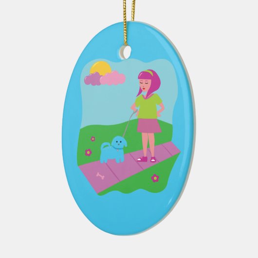 Girl Walking Dog Keramikornament (Links)