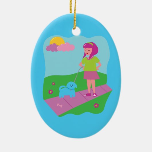 Girl Walking Dog Keramikornament (Hinten)