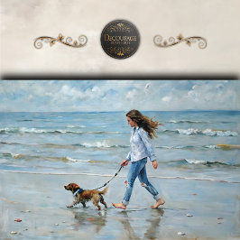 Girl Walking Dog on Beach Decoupage Seidenpapier
