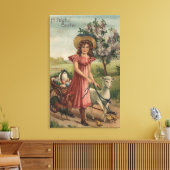 Girl Walking Lamb, Chick und Rooster Leinwanddruck (Insitu (Wohnzimmer))