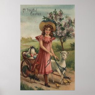 Girl Walking Lamb, Chick und Rooster Poster