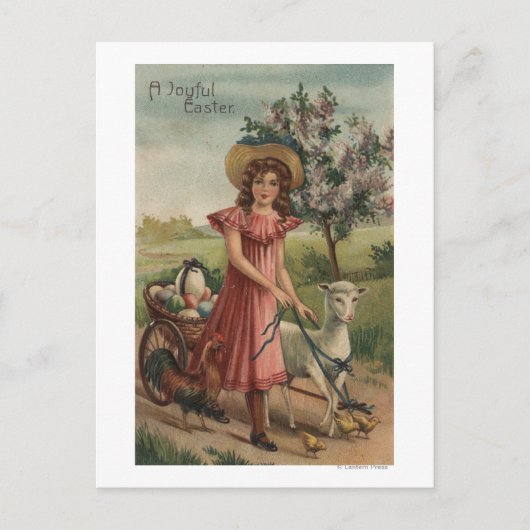 Girl Walking Lamb, Chick und Rooster Postkarte (Vorderseite)