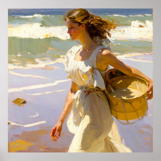 Girl Walking mit Basket an der Strandpromenade Poster (Vorne)