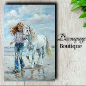 Girl Walks White Horse Beach Bauernhaus Decoupage Seidenpapier
