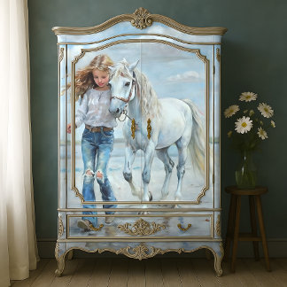 Girl Walks White Horse Beach Bauernhaus Decoupage Seidenpapier