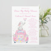 Girl Watercolor Elephant Car Drive mit Babydusche Einladung (Stehend Vorderseite)