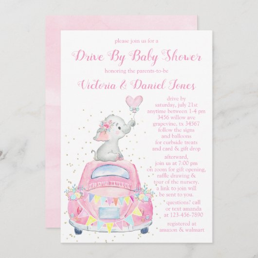 Girl Watercolor Elephant Car Drive mit Babydusche Einladung (Vorne/Hinten)