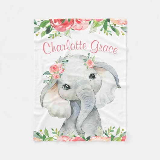 Girl Watercolor Floral Elefant Personalisiert Fleecedecke (Vorderseite)