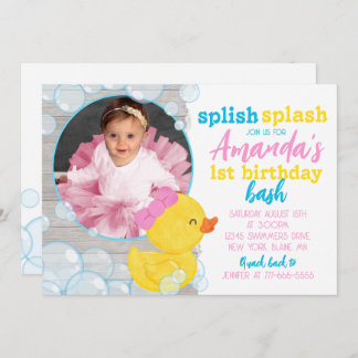 Girl Watercolor Rubber Duck Foto Geburtstag Einladung