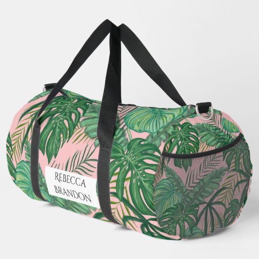 Girl Watercolor Tropical Palm Leaf Pink Name Duffle Bag (Rechte Ecke)