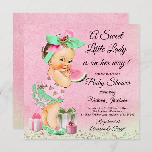 Girl Watercolor Watermelon Babydusche Einladung (Vorne/Hinten)