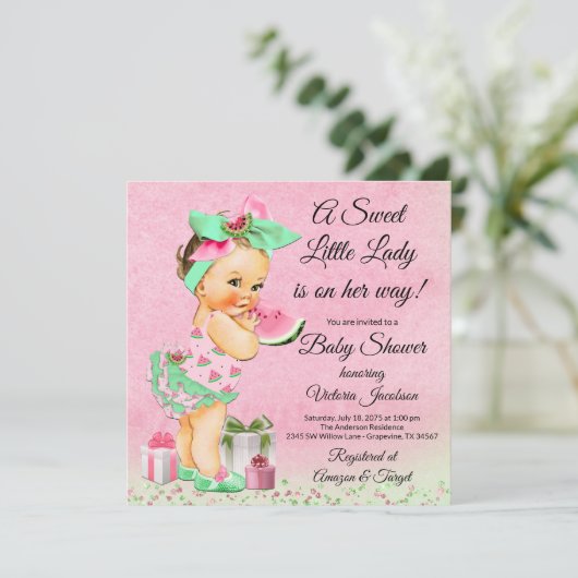 Girl Watercolor Watermelon Babydusche Einladung (Stehend Vorderseite)