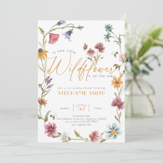 Girl Watercolor Wildblume Kinderdusche Einladung (Stehend Vorderseite)