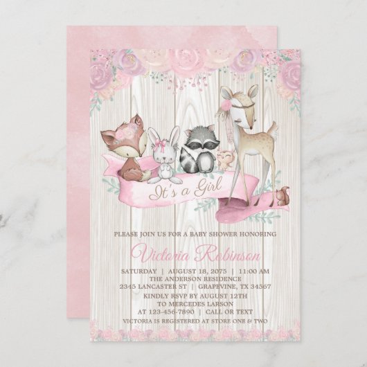 Girl Watercolor Woodland Animal Floral Baby Dusche Einladung (Vorne/Hinten)
