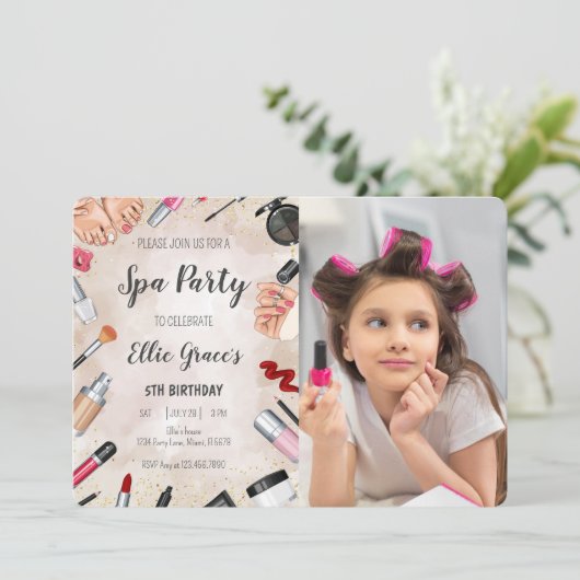Girl Wellness-Center Makeup Birthday Party Foto Einladung (Stehend Vorderseite)