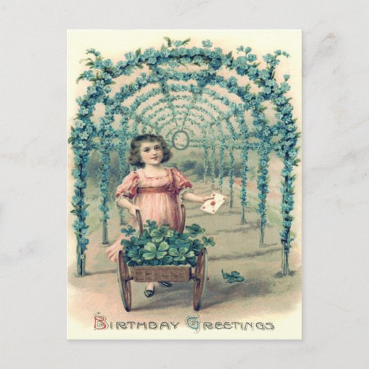 Girl Wheelbarrow Vierblättriges Kleeblatt vergiss- Postkarte (Vorderseite)