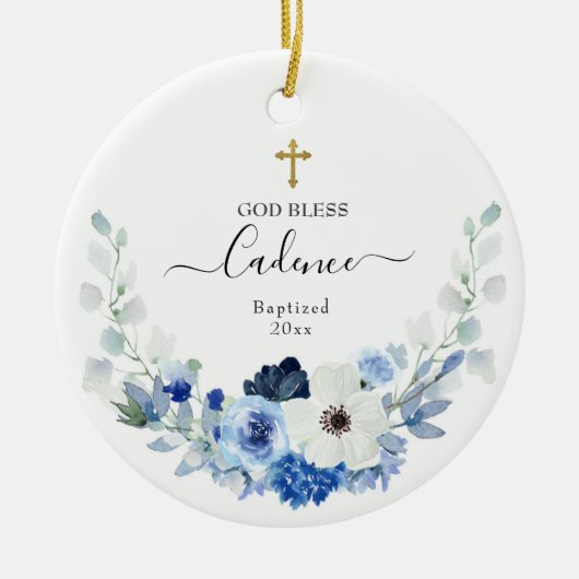 Girl White Blue Floral Baptized Keramik Ornament (Vorne)