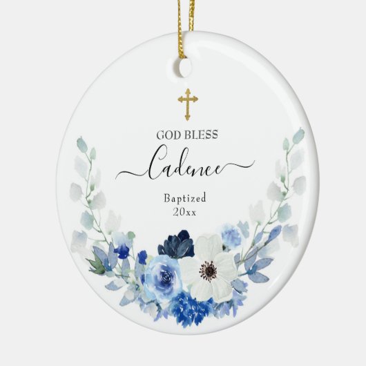 Girl White Blue Floral Baptized Keramik Ornament (Links)