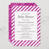 Girl White Pink Glitzy Glitzer Streifen Einladung (Vorne/Hinten)
