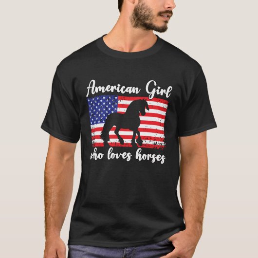 Girl Who Loves Horses Proud American Flag Usa Flag T-Shirt (Vorderseite)