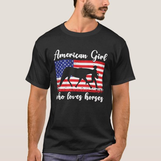 Girl Who Loves Horses Proud American Usa Flag 2 T-Shirt (Vorderseite)