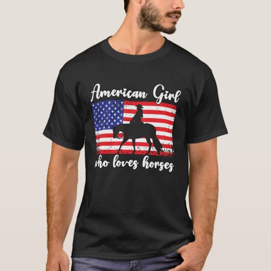 Girl Who Loves Horses Proud American Usa Flag 6 T-Shirt (Vorderseite)