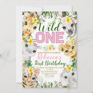 Girl Wild One Birthday Jungle Animals 1. Geburtsta Einladung