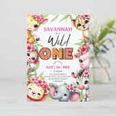 Girl Wild One Jungle Safari Birthday Invitation Einladung (Stehend Vorderseite)