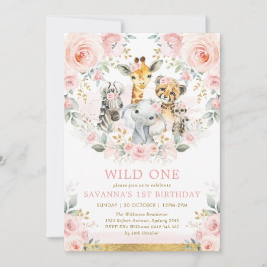 Girl Wild One Jungle Safari Blush Bloral Geburtsta Einladung (Vorderseite)