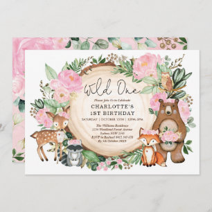 Girl Wild One Pink Floral Woodland 1. Geburtstag Einladung